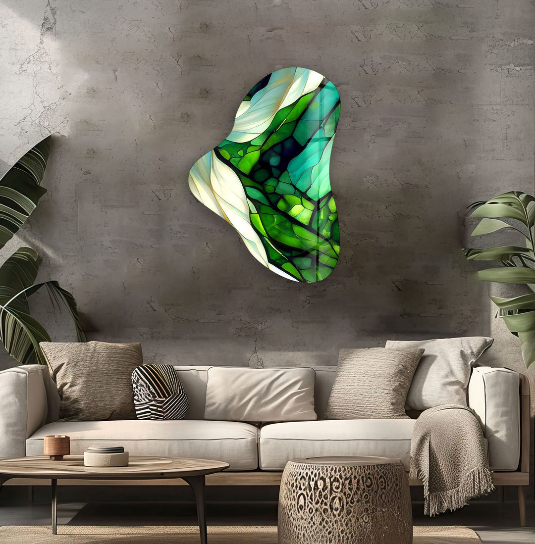 Green Stained Asymmetrical Glass Wall Art, glass art painting, glass art for the Wall
