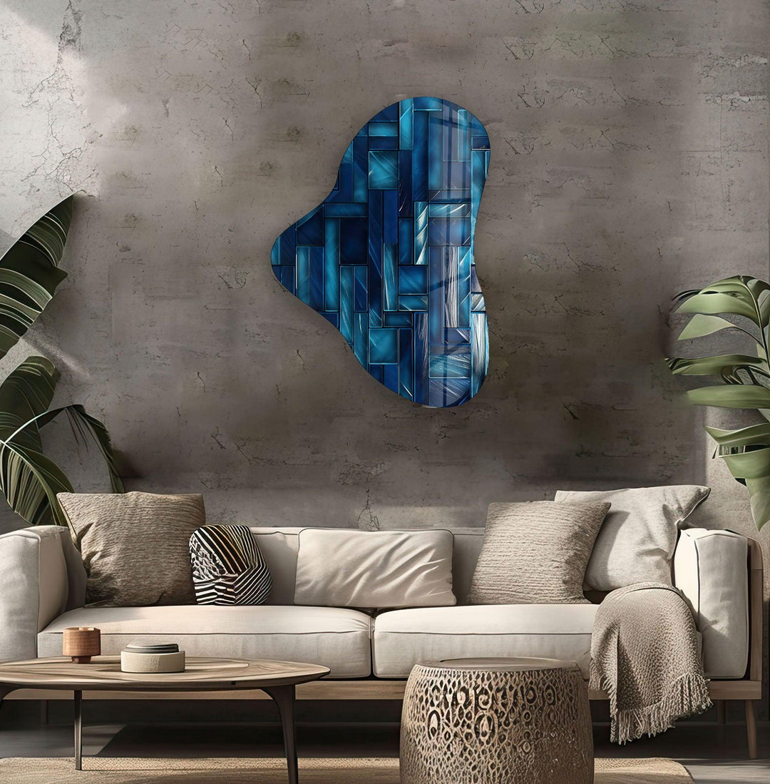 Dark Blue Mosaic Pattern Asymmetrical Glass Wall Art, photo print on glass, prints on glass wall art
