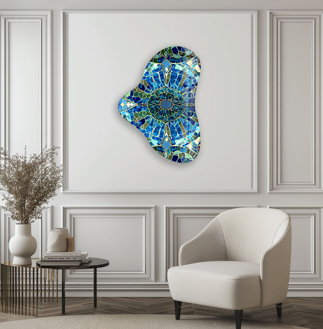 Blue Mosaic Pattern Asymmetric Glass Wall Art, glass art painting, glass art for the Wall
