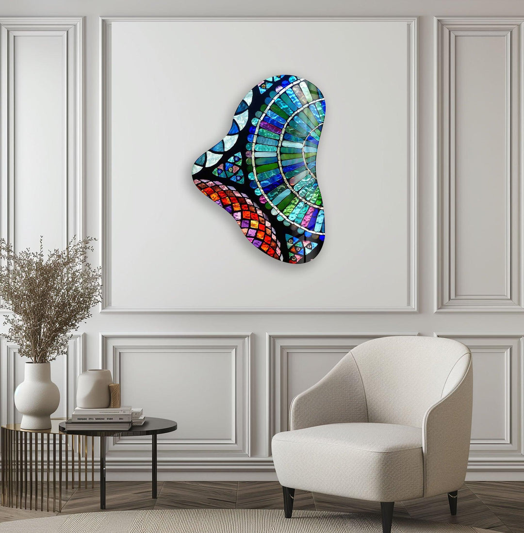 Blue Mosaic Asymmetric Glass Wall Art, print on glass, glass printed photos

