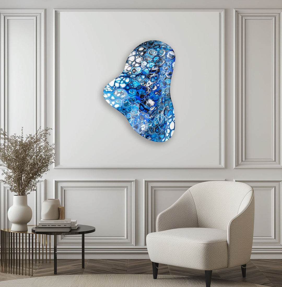 Blue Marbled Asymmetric Glass Wall Art, custom glass photo prints, large glass prints
