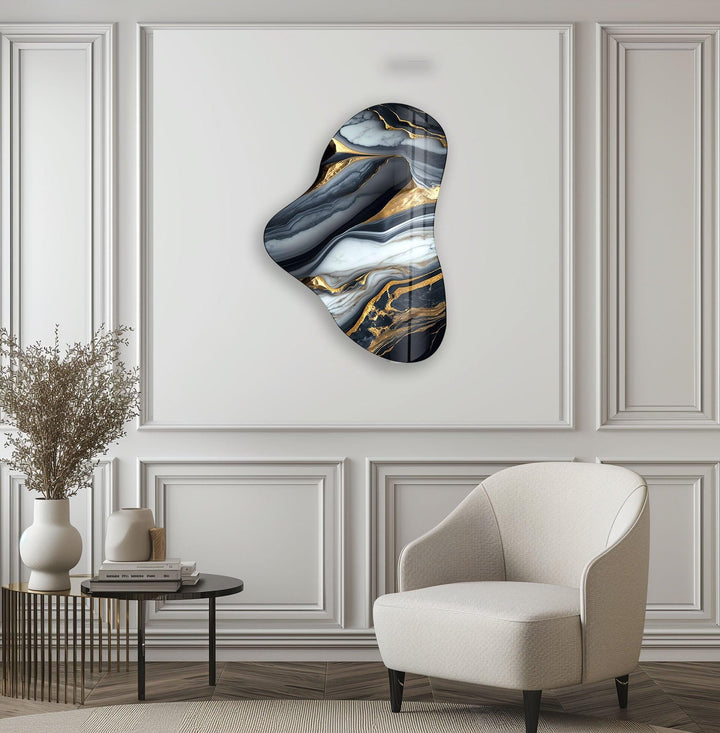 Gold Accent Gray Marble Asymmetric Glass Wall Art, Glass Printing Wall Art, Print photos on glass
