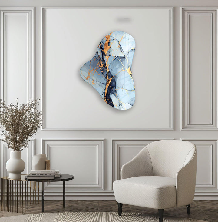 Gold Accent Blue Marble Asymmetric Glass Wall Art, large glass photo prints, glass wall photos
