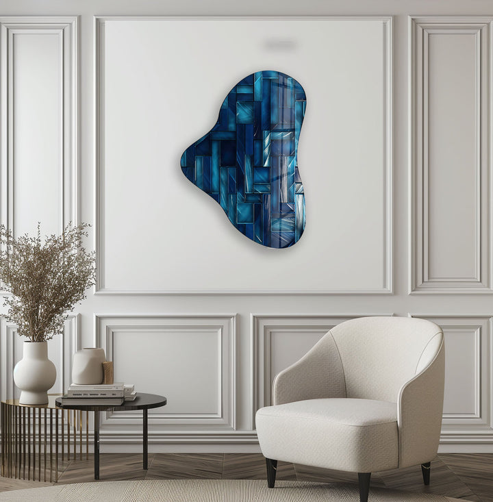 Dark Blue Mosaic Pattern Asymmetrical Glass Wall Art, large glass photo prints, glass wall photos
