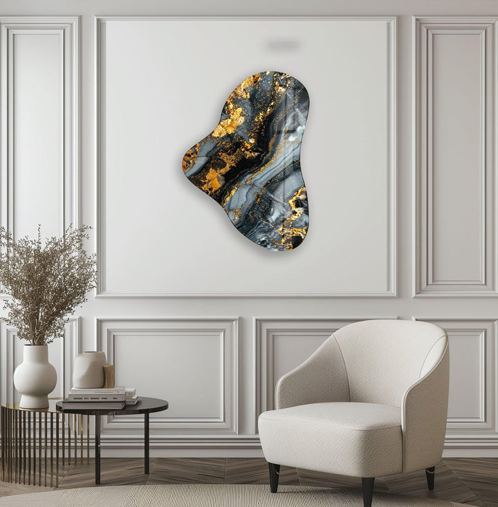 Gold Accent Gray Marbled Asymmetric Glass Wall Art, photo print on glass, prints on glass wall art
