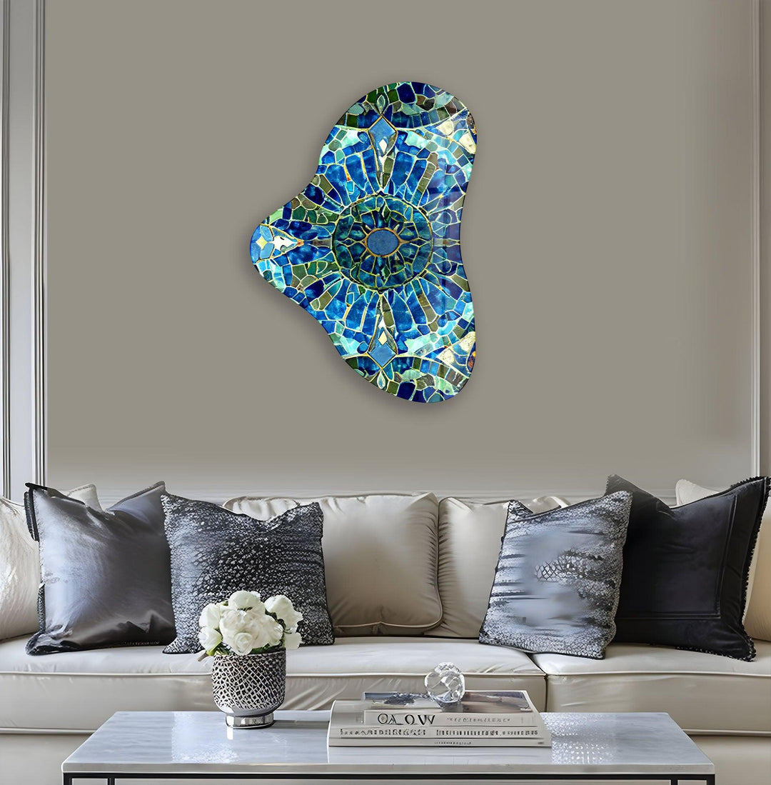 Blue Mosaic Pattern Asymmetric Glass Wall Art, print picture on glass, Tempered Glass Wall Art

