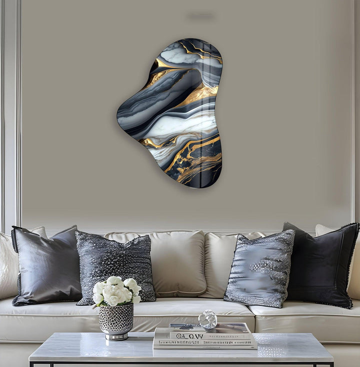 Gold Accent Gray Marble Asymmetric Glass Wall Art, glass art painting, glass art for the Wall
