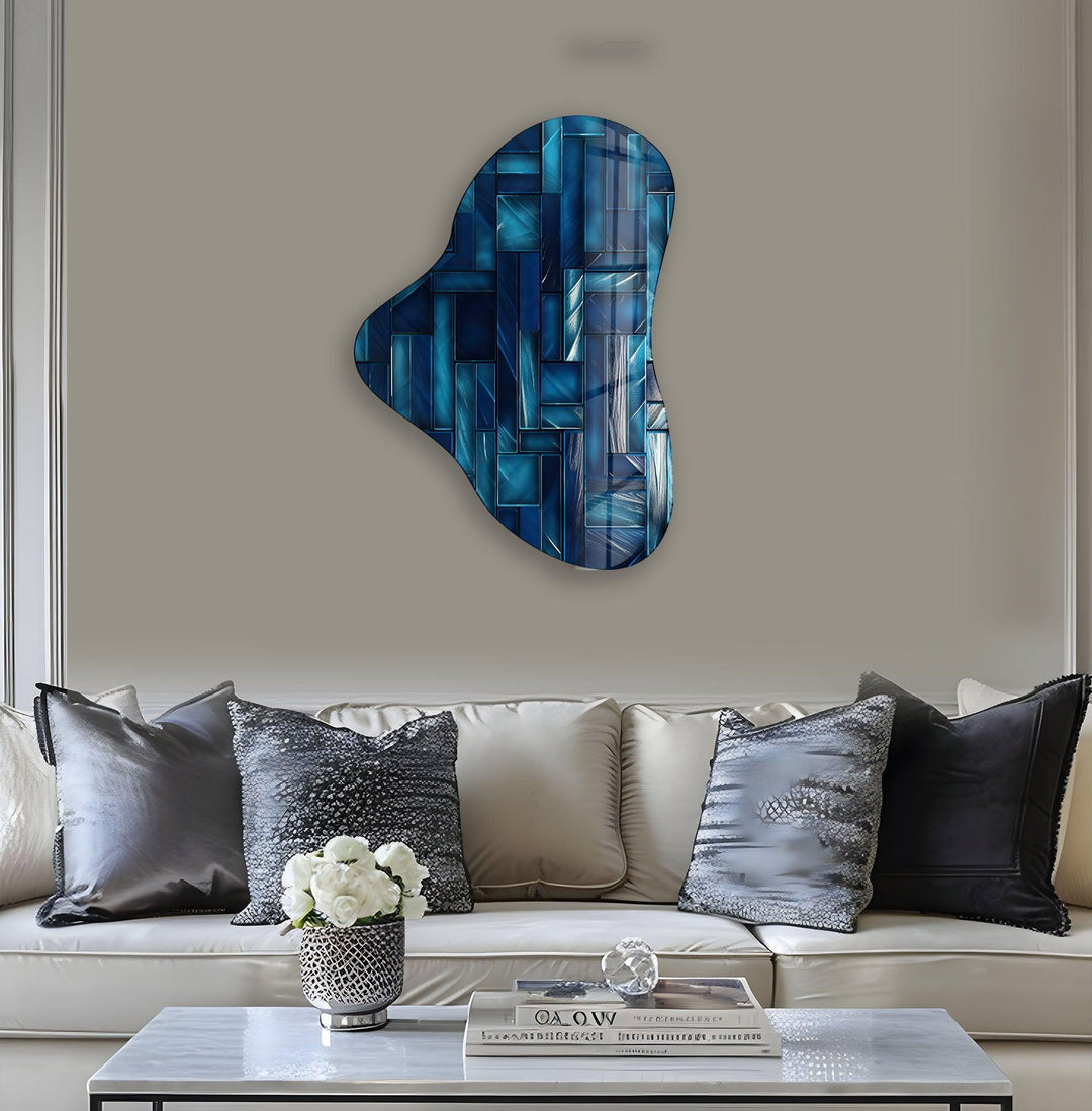 Dark Blue Mosaic Pattern Asymmetrical Glass Wall Art, print on glass, glass printed photos
