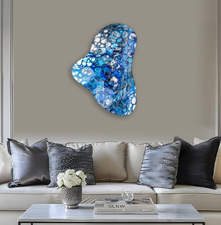 Blue Marbled Asymmetric Glass Wall Art, glass pictures for Wall, glass prints wall art
