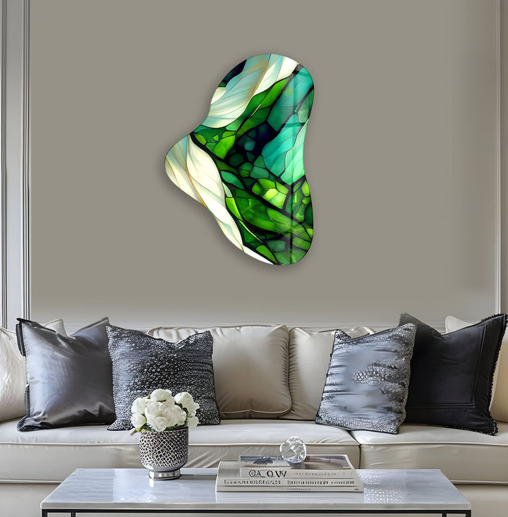 Green Stained Asymmetrical Glass Wall Art, glass photo prints, glass picture prints
