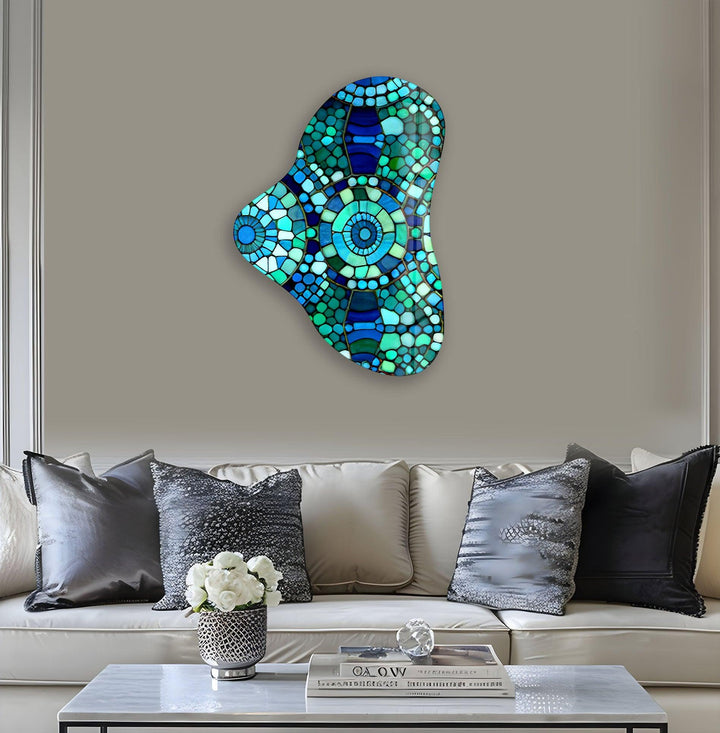 Green Mosaic Pattern Asymmetric Glass Wall Art, print picture on glass, Tempered Glass Wall Art

