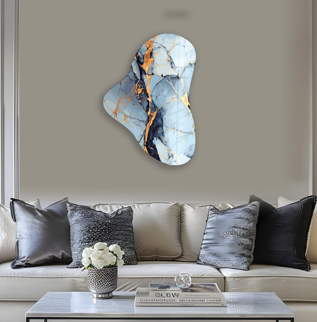 Gold Accent Blue Marble Asymmetric Glass Wall Art, print on glass, glass printed photos

