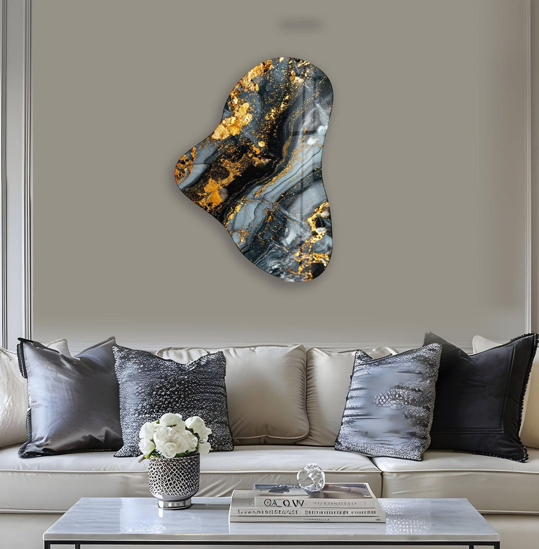 Gold Accent Gray Marbled Asymmetric Glass Wall Art, print on glass, glass printed photos

