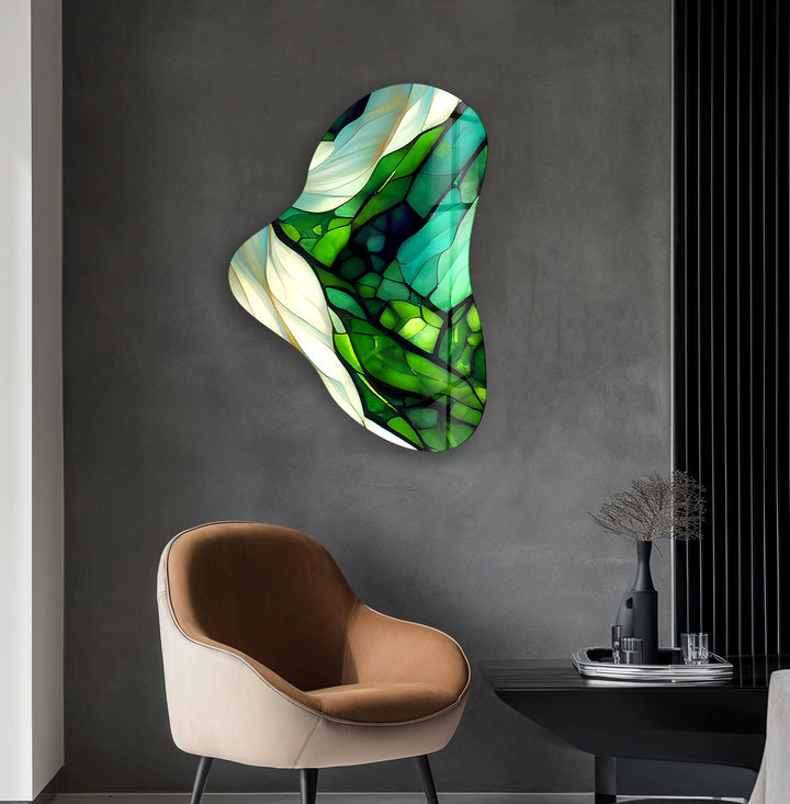 Green Stained Asymmetrical Glass Wall Art, Glass Printing Wall Art, Print photos on glass
