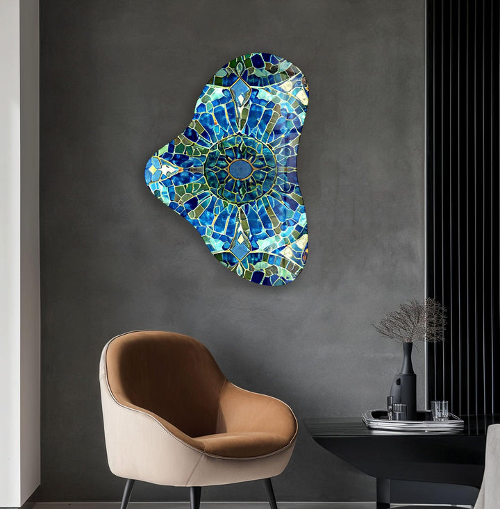 Blue Mosaic Pattern Asymmetric Glass Wall Art, glass photo prints, glass picture prints
