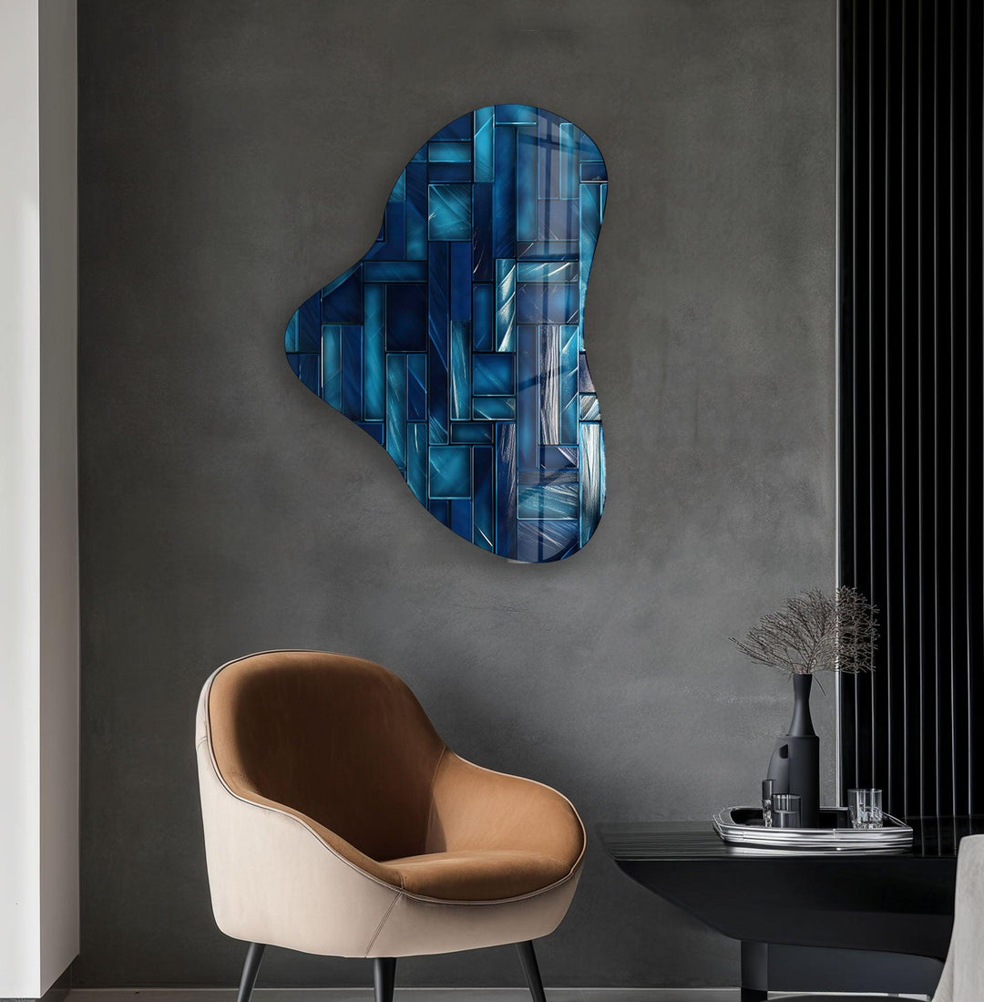 Dark Blue Mosaic Pattern Asymmetrical Glass Wall Art, glass pictures for Wall, glass prints wall art
