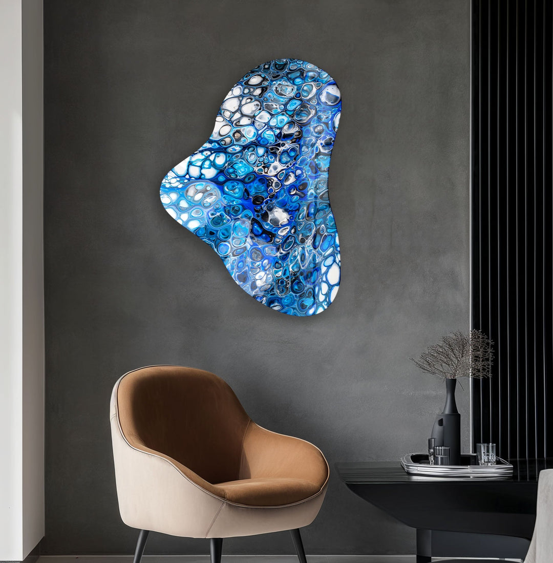 Blue Marbled Asymmetric Glass Wall Art, custom glass pictures, glass art prints
