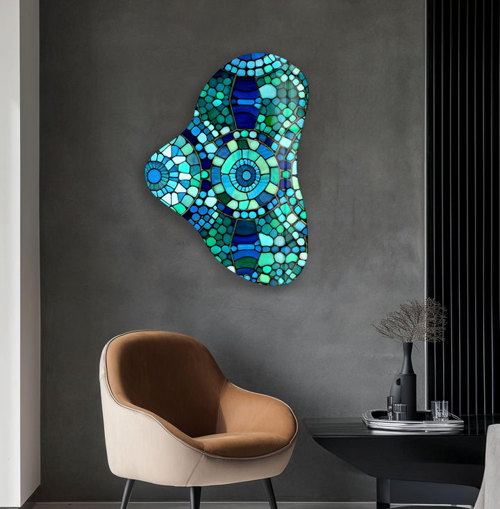 Green Mosaic Pattern Asymmetric Glass Wall Art, glass photo prints, glass picture prints
