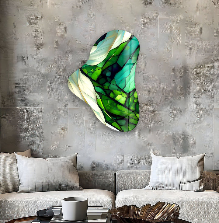 Green Stained Asymmetrical Glass Wall Art, art glass wall art, glass wall art pictures
