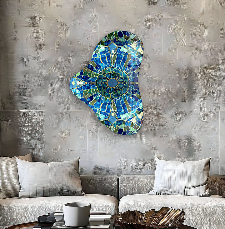 Blue Mosaic Pattern Asymmetric Glass Wall Art, Glass Printing Wall Art, Print photos on glass
