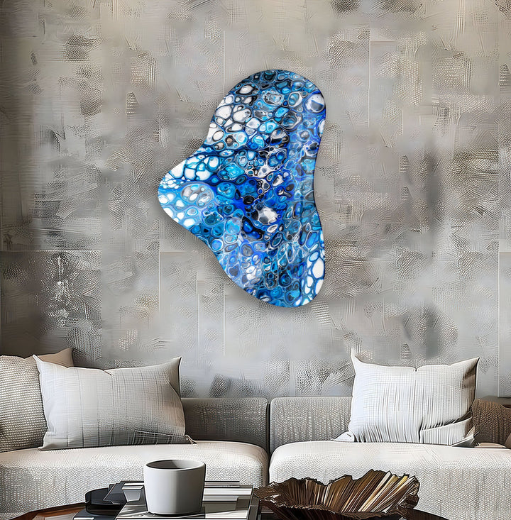 Blue Marbled Asymmetric Glass Wall Art, photo print on glass, prints on glass wall art
