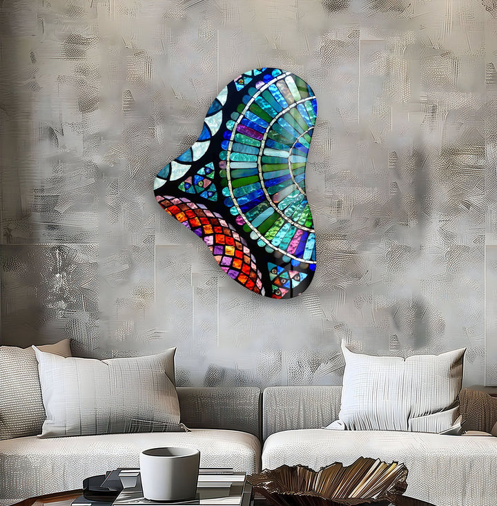 Blue Mosaic Asymmetric Glass Wall Art, photo print on glass, prints on glass wall art
