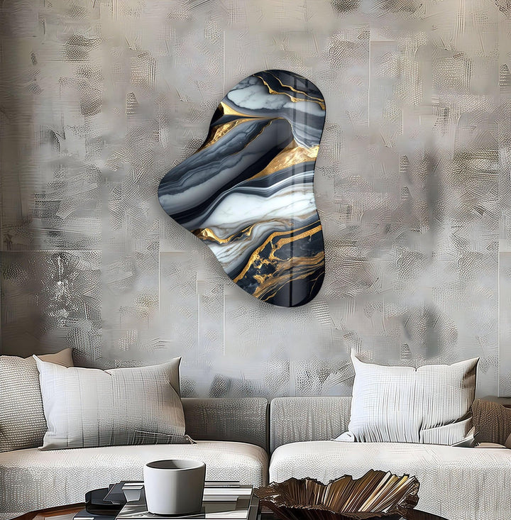 Gold Accent Gray Marble Asymmetric Glass Wall Art, glass image printing, glass prints from photos
