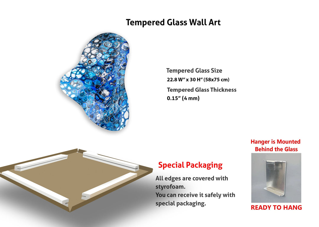 Blue Marbled Asymmetric Glass Wall Art, glass photo prints, glass picture prints
