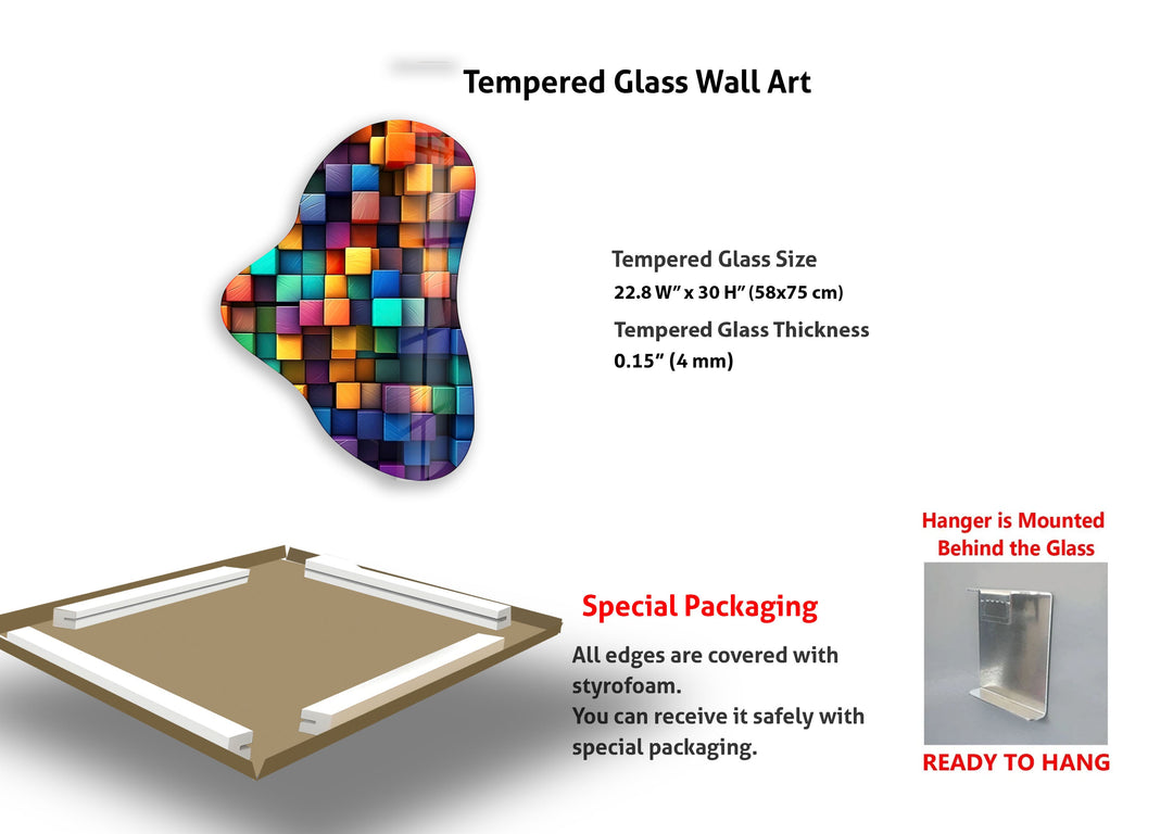 Colorful Cubes Asymmetrical Glass Wall Art, photo print on glass, prints on glass wall art
