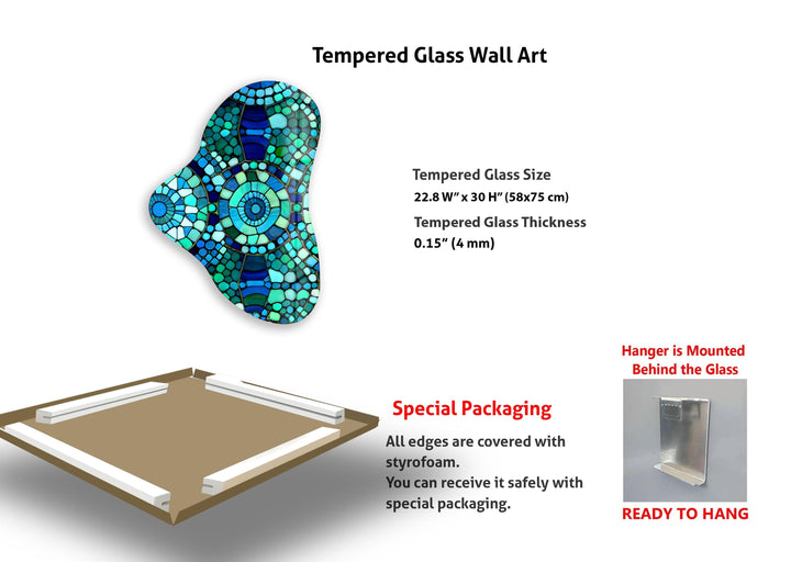 Green Mosaic Pattern Asymmetric Glass Wall Art, glass pictures for Wall, glass prints wall art
