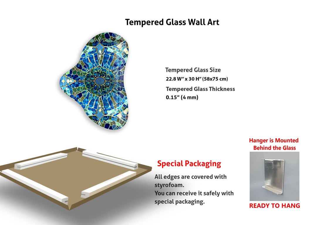 Blue Mosaic Pattern Asymmetric Glass Wall Art, glass pictures for Wall, glass prints wall art
