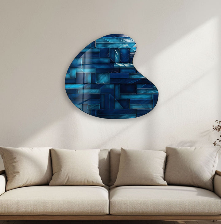 Dark Blue Tiles Irregular Glass Wall Art, custom glass photo prints, large glass prints
