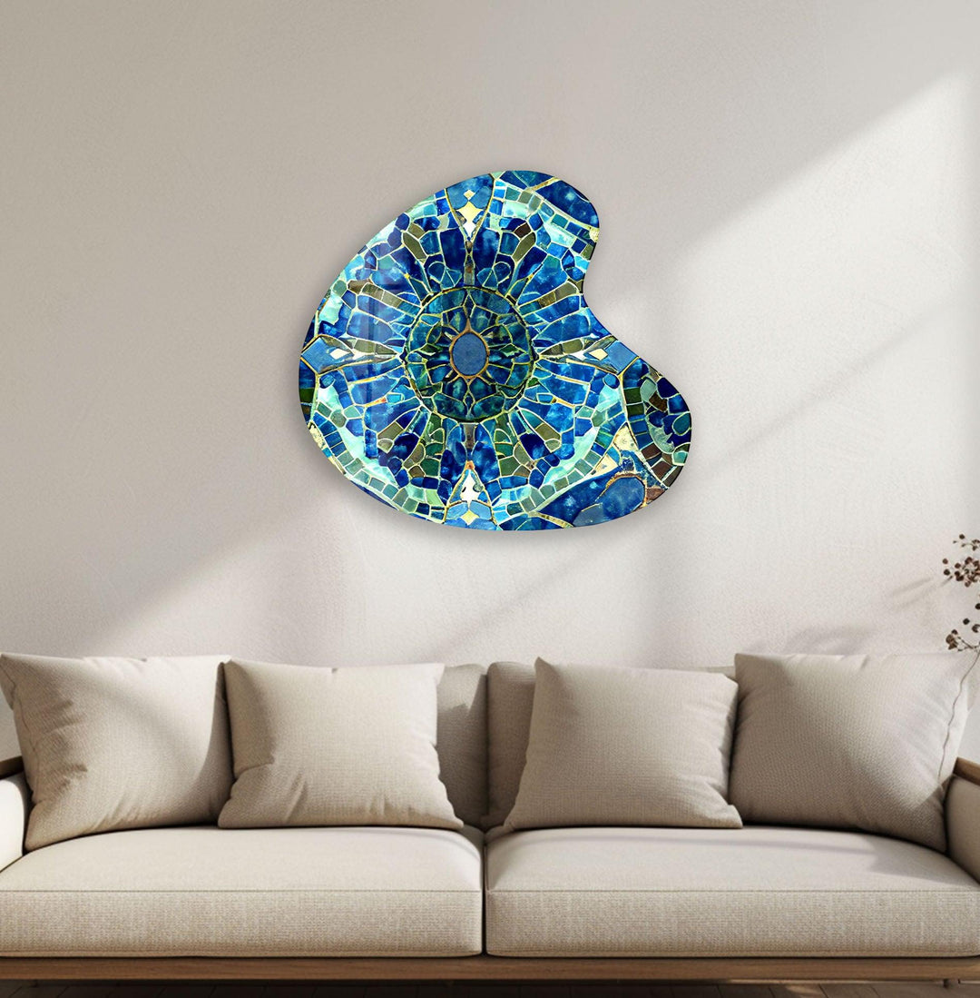 Blue Mosaic Style Irregular Glass Wall Art, print picture on glass, Tempered Glass Wall Art

