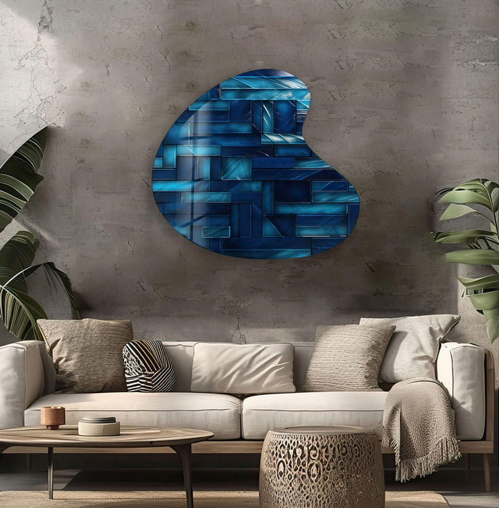 Dark Blue Tiles Irregular Glass Wall Art, photo print on glass, prints on glass wall art
