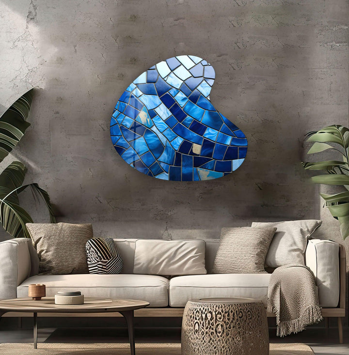 Stylish Blue Stained Irregular Glass Wall Art, glass art painting, glass art for the Wall
