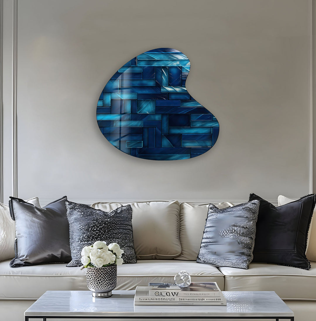 Dark Blue Tiles Irregular Glass Wall Art, large glass photo prints, glass wall photos
