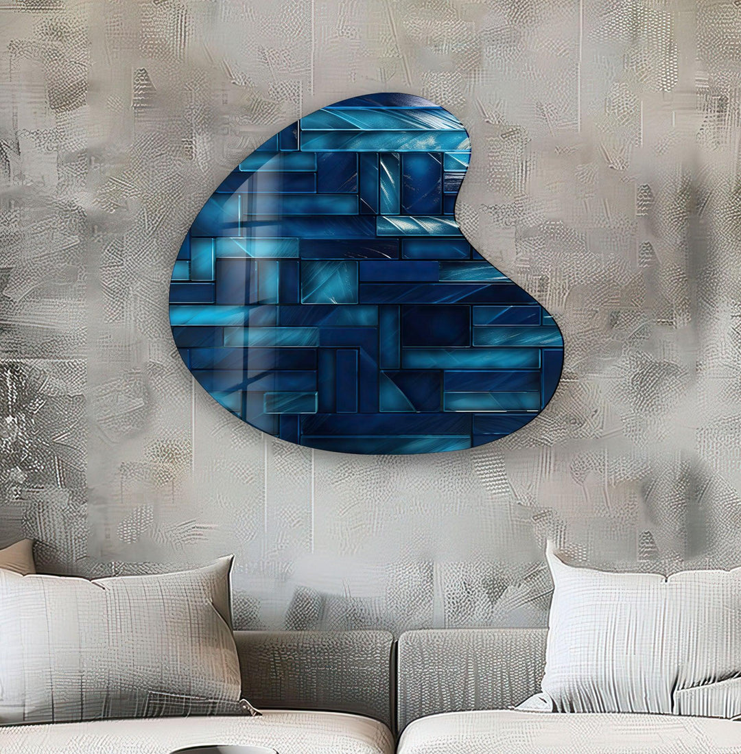 Dark Blue Tiles Irregular Glass Wall Art, glass pictures for Wall, glass prints wall art
