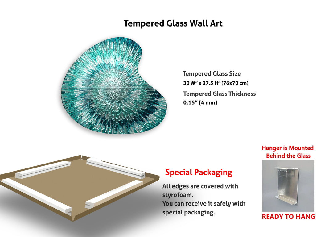 Turquoise Abstract Spiral Irregular Glass Wall Art, glass pictures for Wall, glass prints wall art
