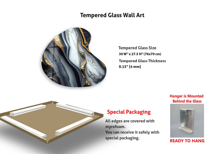 Black & White Marble Irregular Glass Wall Art, glass pictures for Wall, glass prints wall art
