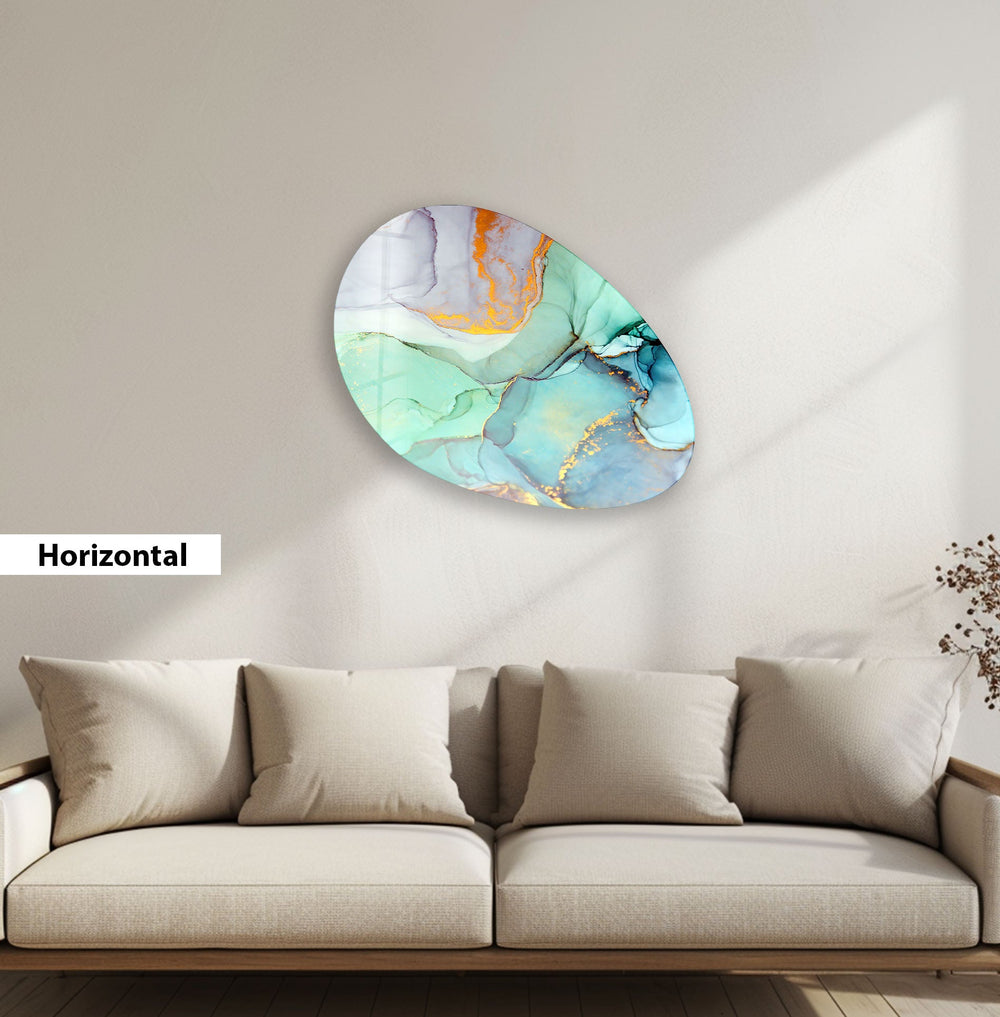 Turquoise Alcohol Ink Oval Glass Wall Art, picture on glass wall art, photos printed on glass
