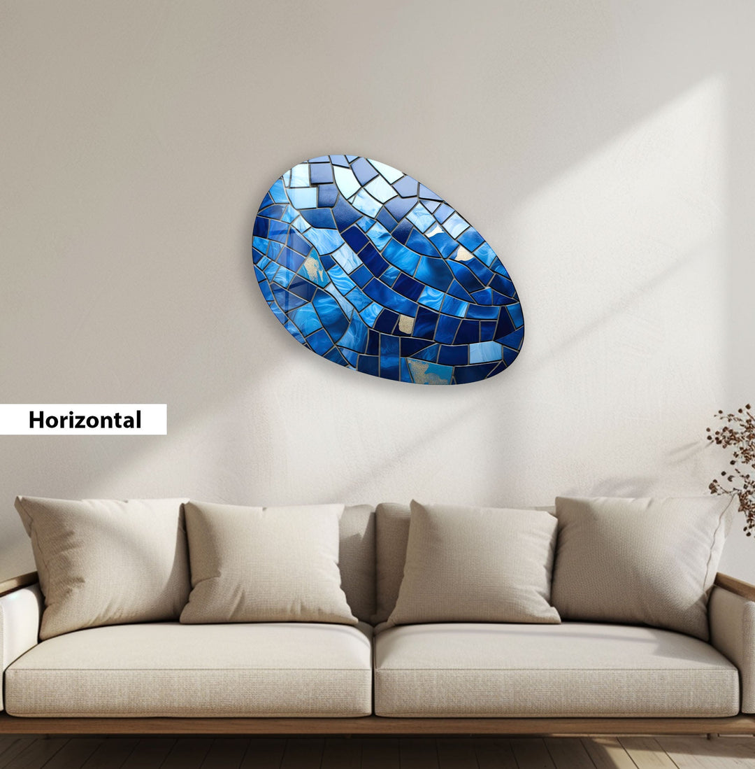 Modern Blue Mosaic Oval Glass Wall Art, custom glass photo prints, large glass prints
