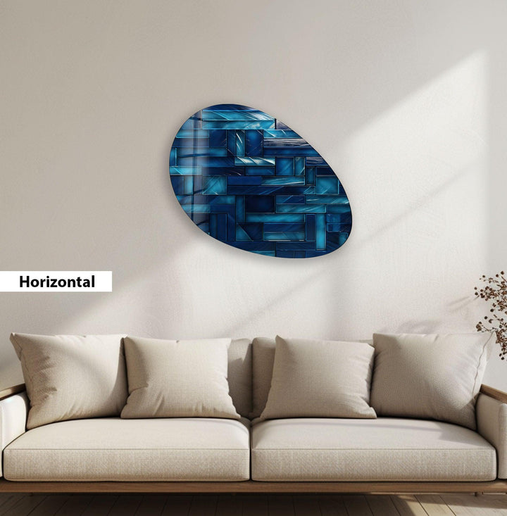 Navy Blue Mosaic Tiles Oval Glass Wall Art, large glass photo prints, glass wall photos
