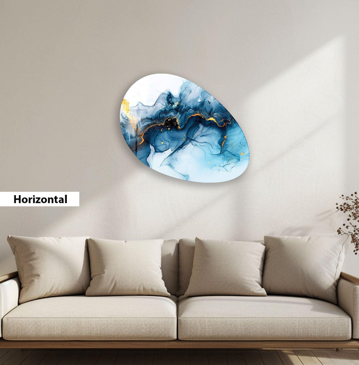 Abstract Blue Watercolor Oval Glass Wall Art, glass art painting, glass art for the Wall
