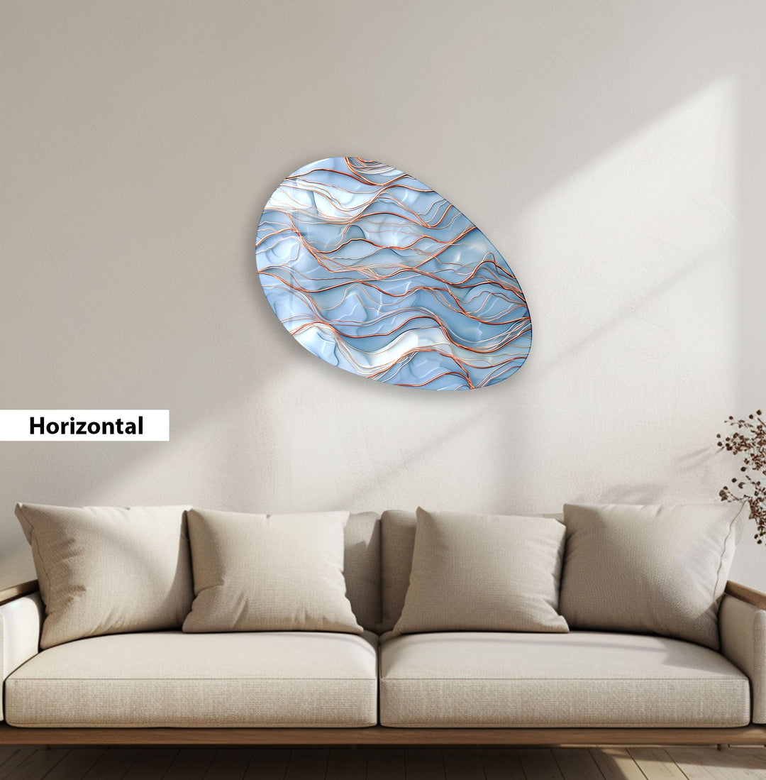 Abstract Blue Waves Oval Glass Wall Art, photo print on glass, prints on glass wall art
