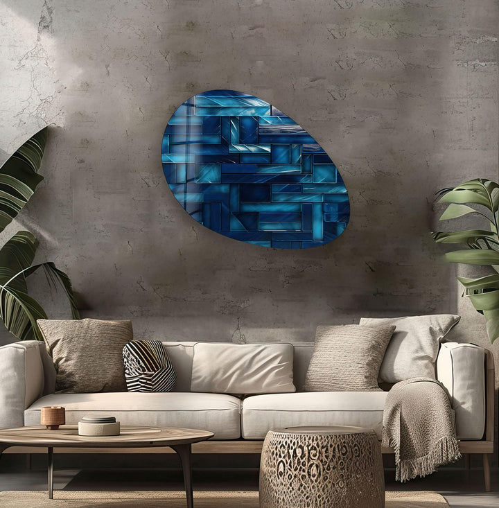 Navy Blue Mosaic Tiles Oval Glass Wall Art, custom glass photo prints, large glass prints
