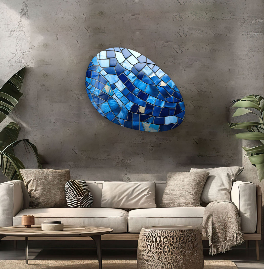 Modern Blue Mosaic Oval Glass Wall Art, photo print on glass, prints on glass wall art
