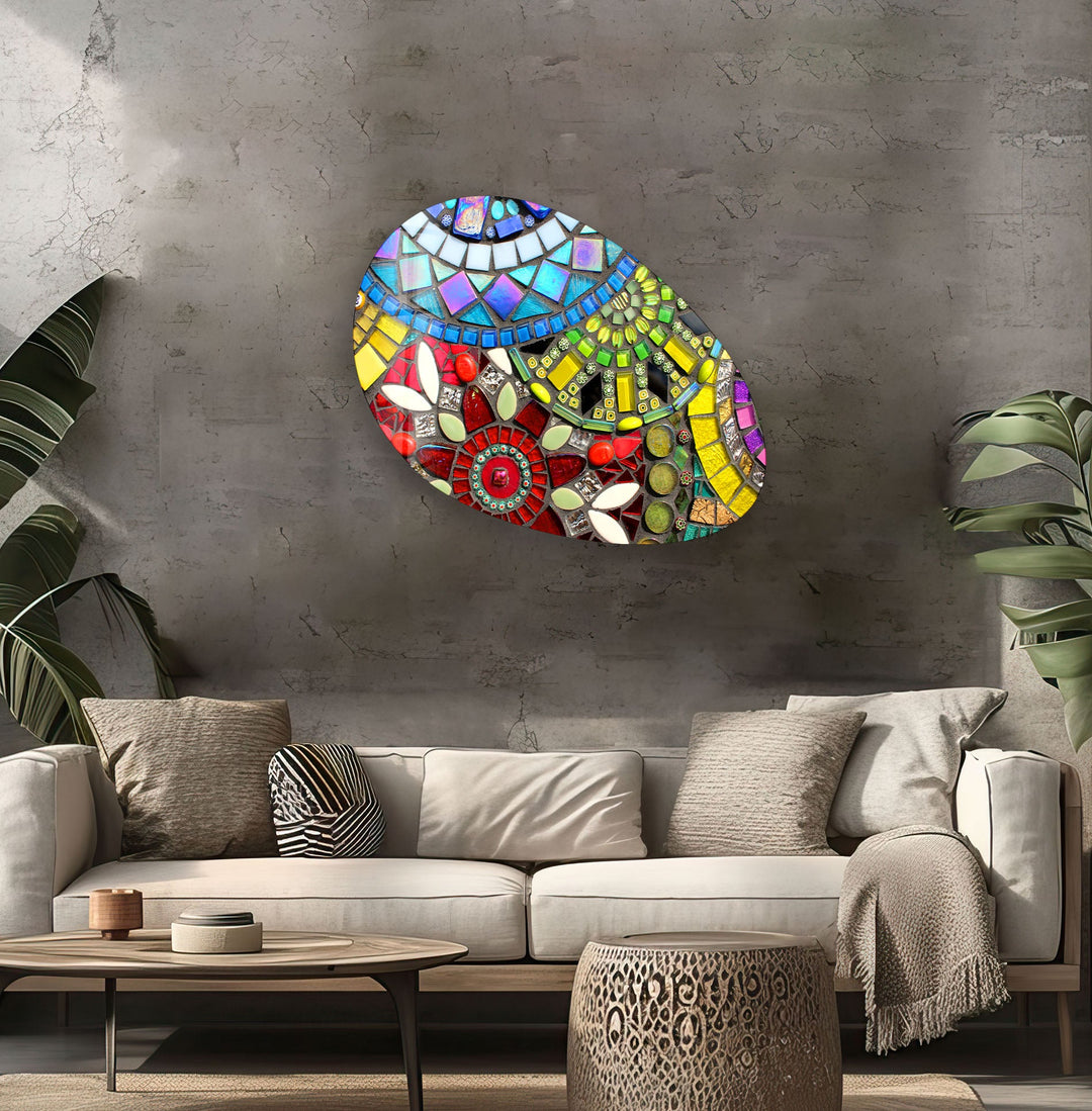 Yellow Mosaic Oval Glass Wall Art, print picture on glass, Tempered Glass Wall Art

