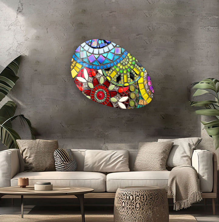 Yellow Mosaic Oval Glass Wall Art, print picture on glass, Tempered Glass Wall Art

