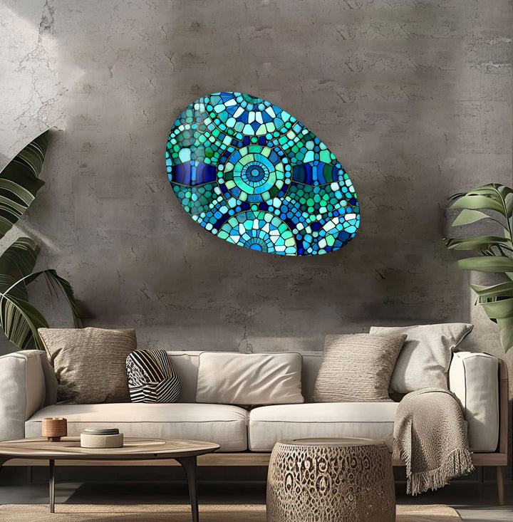 Mosaic Pattern Green Oval Glass Wall Art, custom glass photo prints, large glass prints
