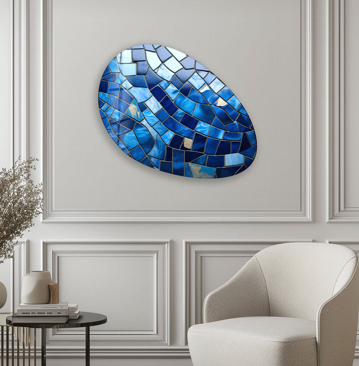 Modern Blue Mosaic Oval Glass Wall Art, large glass photo prints, glass wall photos
